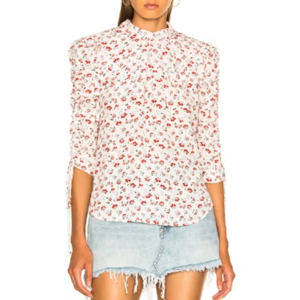 Free People Floral Ruffle Ruched Sleeve Blouse Cream Red Blue Boho Top